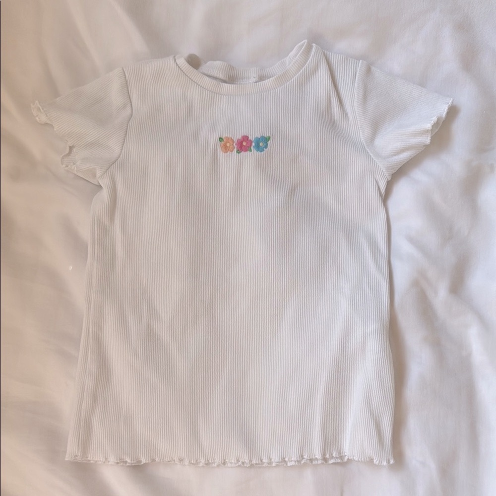 Zara White Embroidered Rib T-shirt with floral